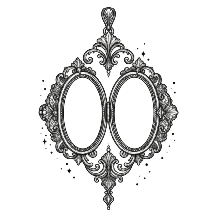Ornamental filigree locket tattoo design left empty with drifting ink specks
