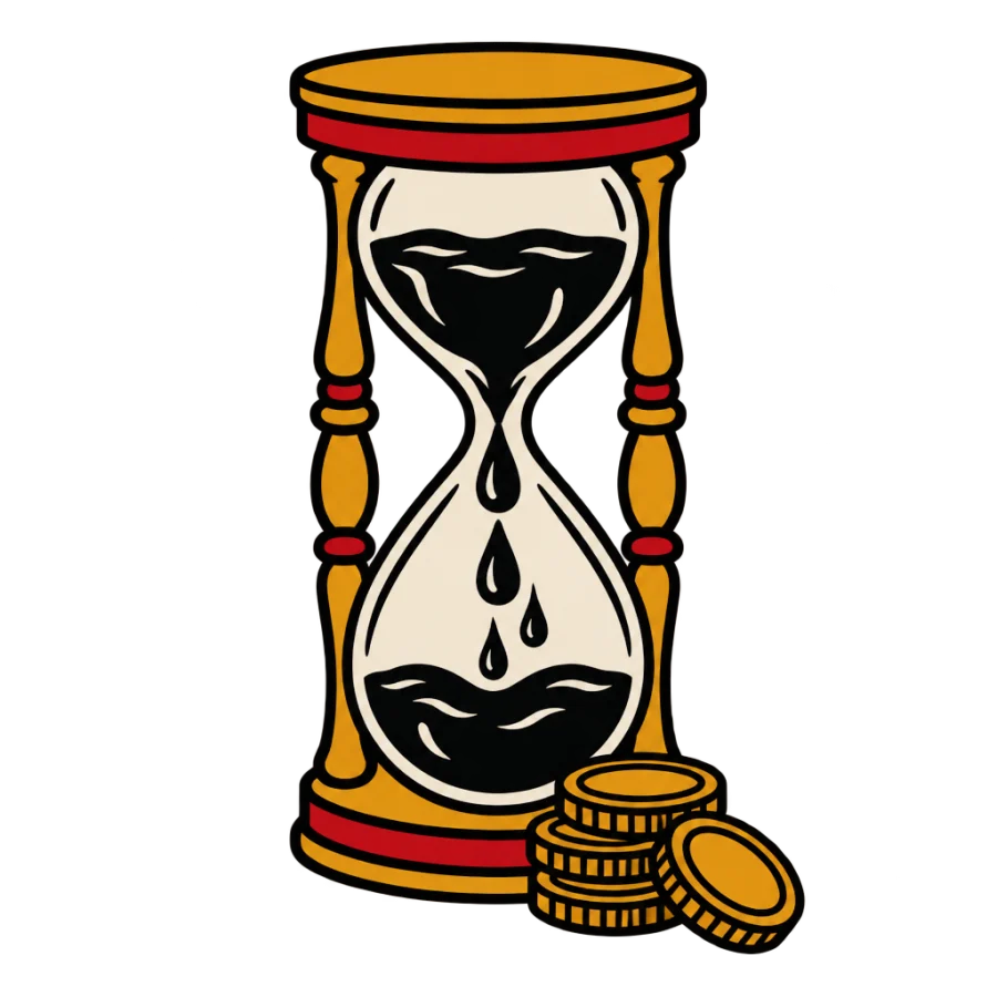 American traditional hourglass tattoo design dripping ink above a stack of coins