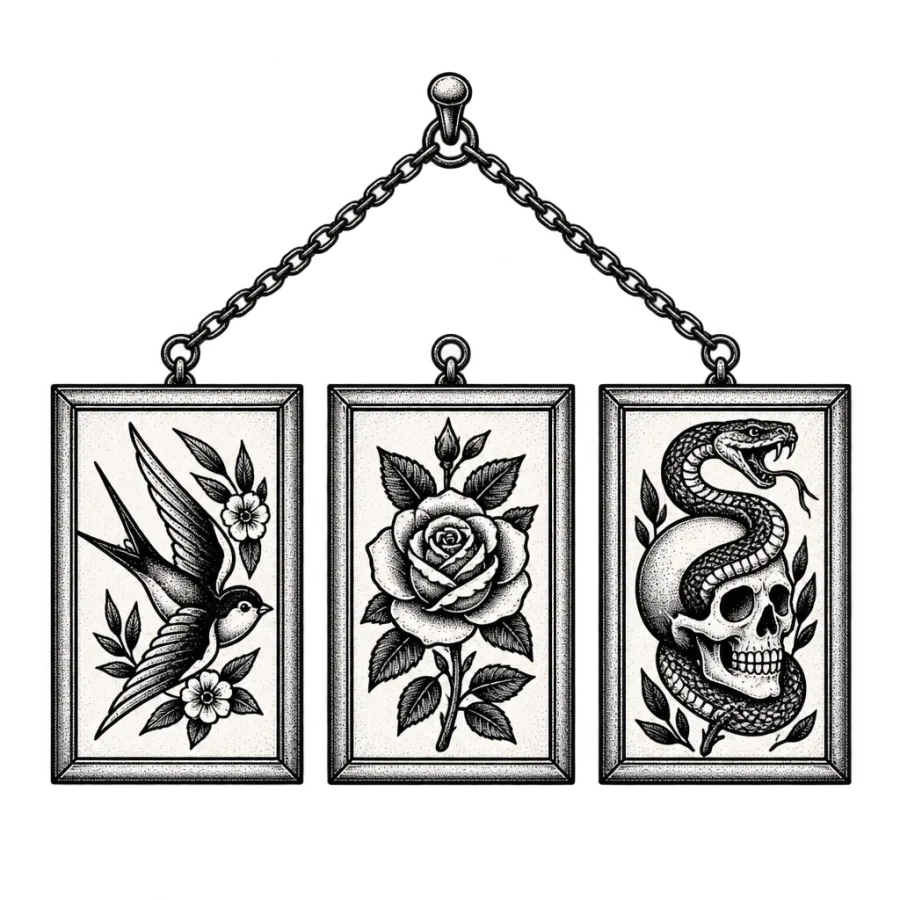 Line art illustration of framed tattoo flash panels hanging on a chain