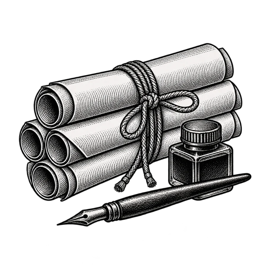 Engraved illustration of rolled tattoo stencil sheets with pen and ink pot