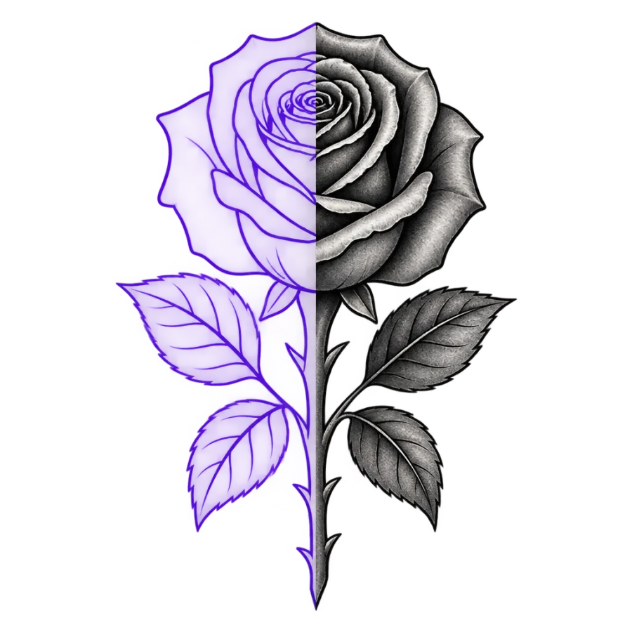 Rose tattoo design half violet stencil outline and half finished shading