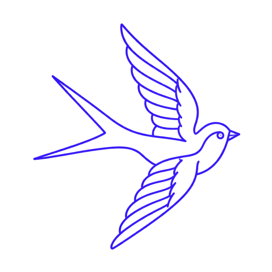 Swallow tattoo stencil drawn in violet blue transfer line with even margin