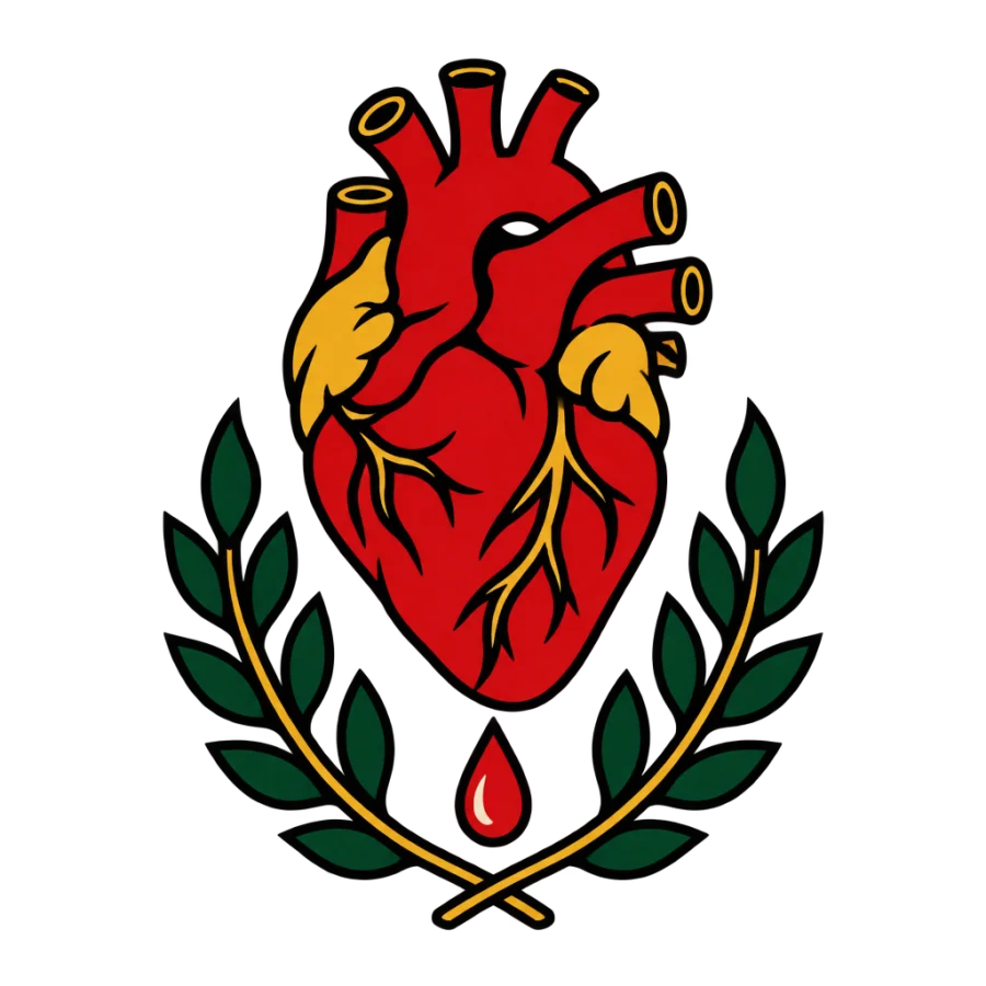 American traditional anatomical heart tattoo with a drop and laurel sprig