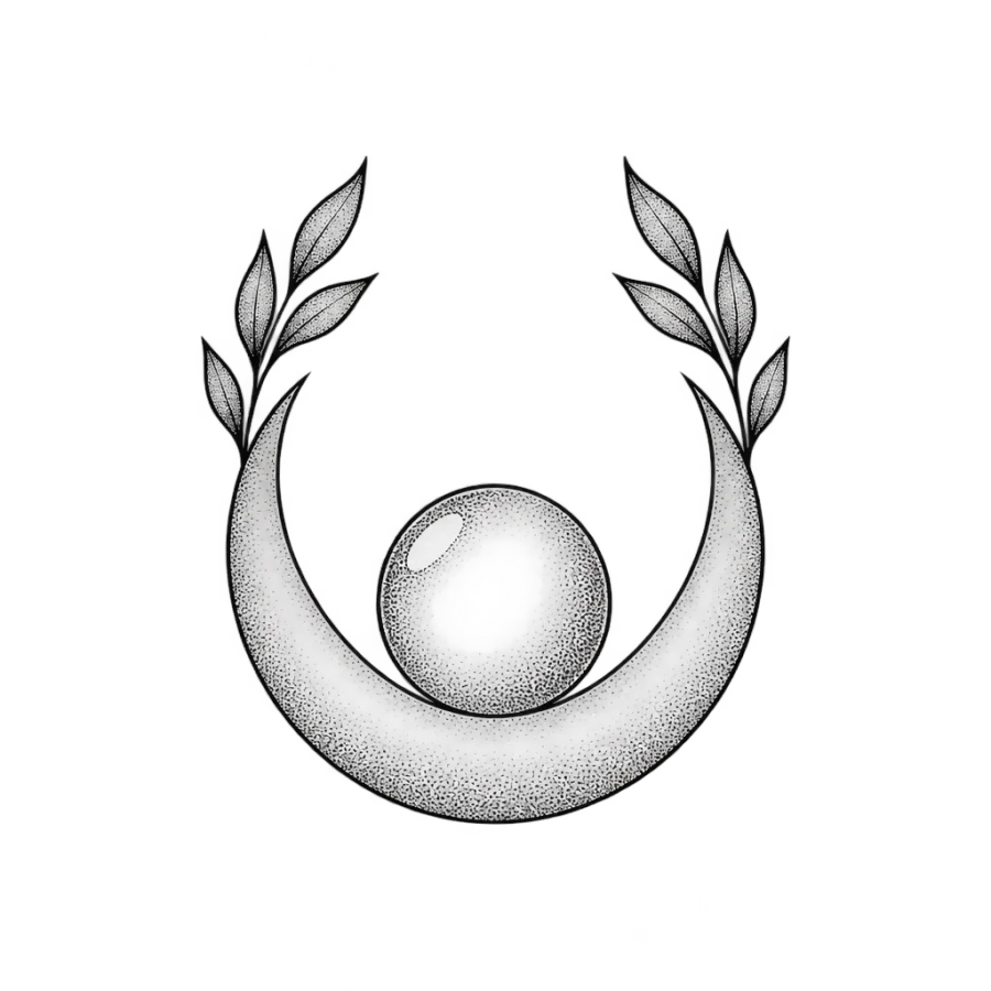 Fine line tattoo of a drop cradled in a crescent moon with laurel leaves