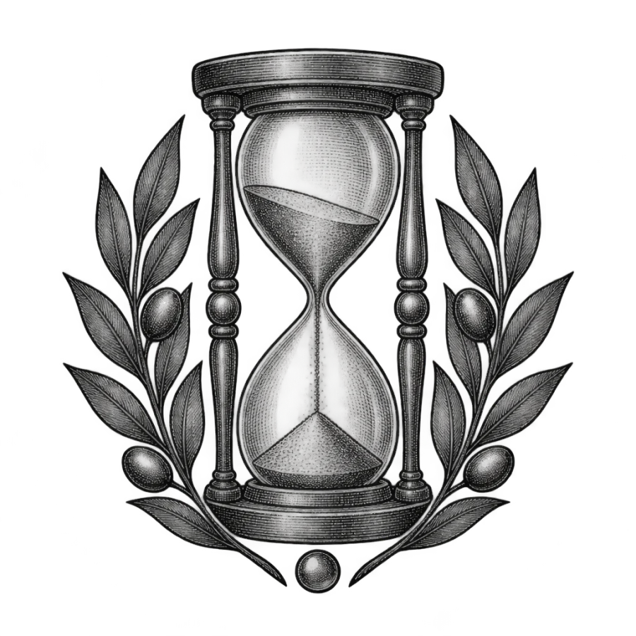 Engraved hourglass tattoo with olive leaves marking a waiting period