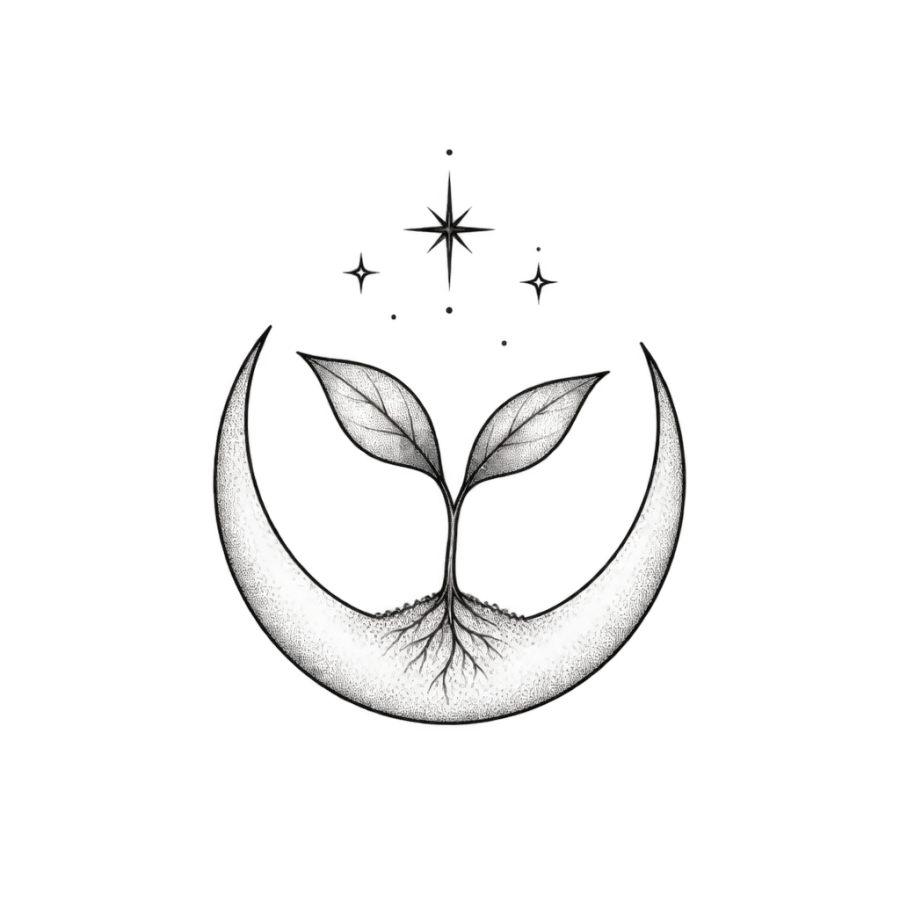 Fine line tattoo design of a crescent moon cradling a young seedling