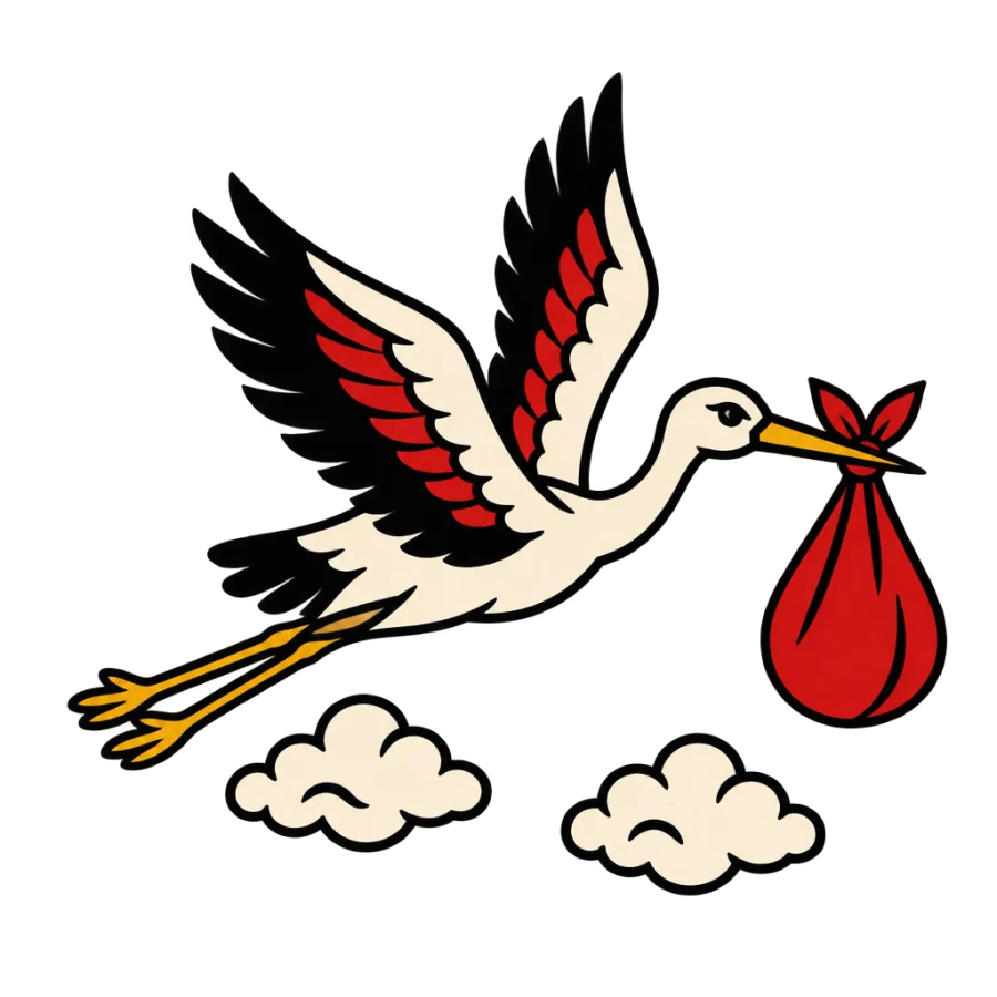 American traditional tattoo design of a stork carrying a cloth bundle