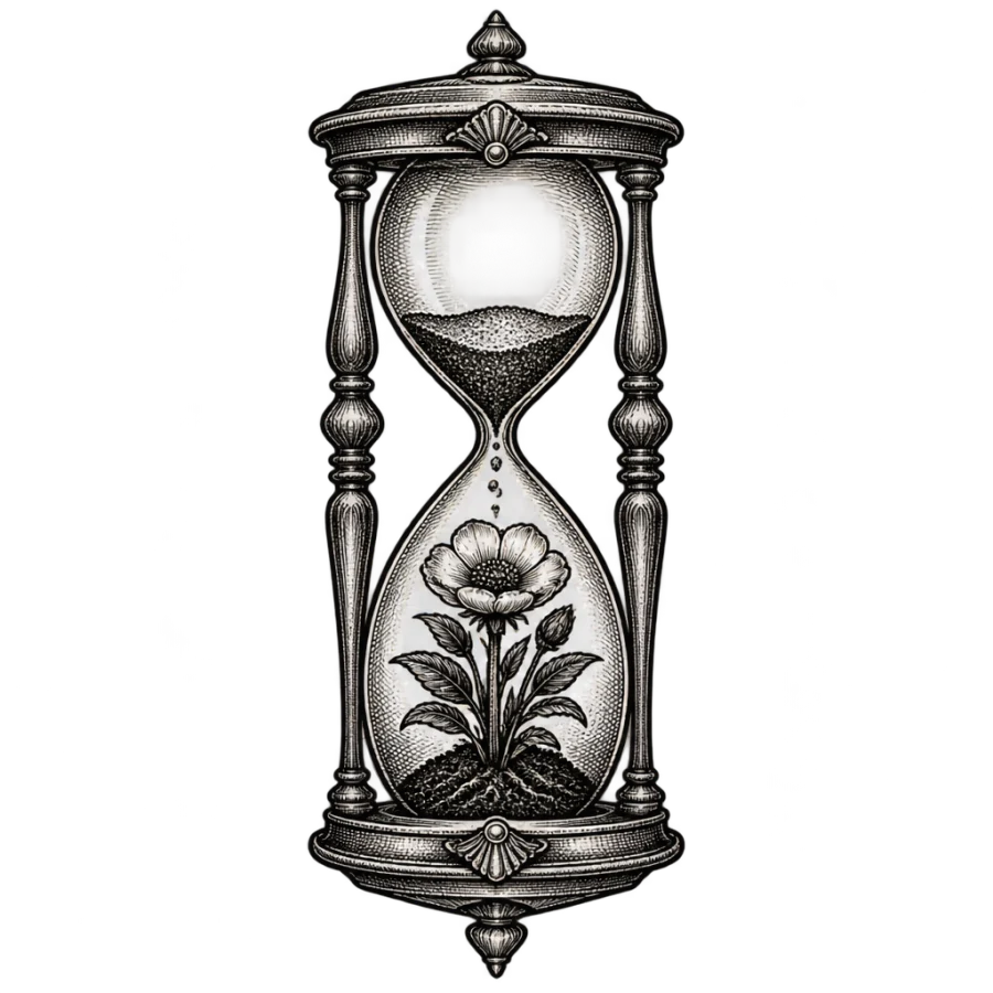Engraved tattoo design of an hourglass with a flower blooming inside