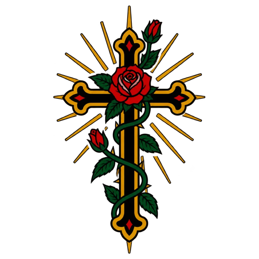 American traditional tattoo of a cross wrapped in a rose vine