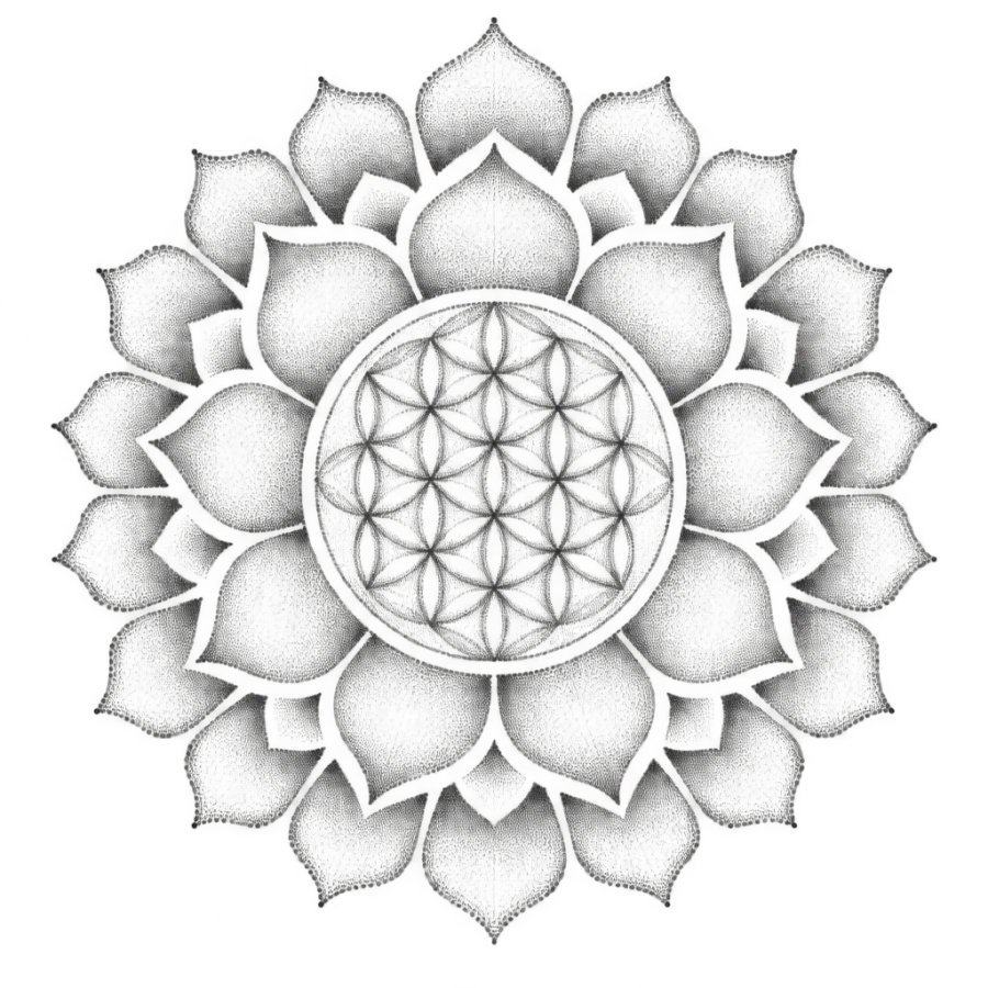 Dotwork lotus mandala tattoo with a flower of life centre