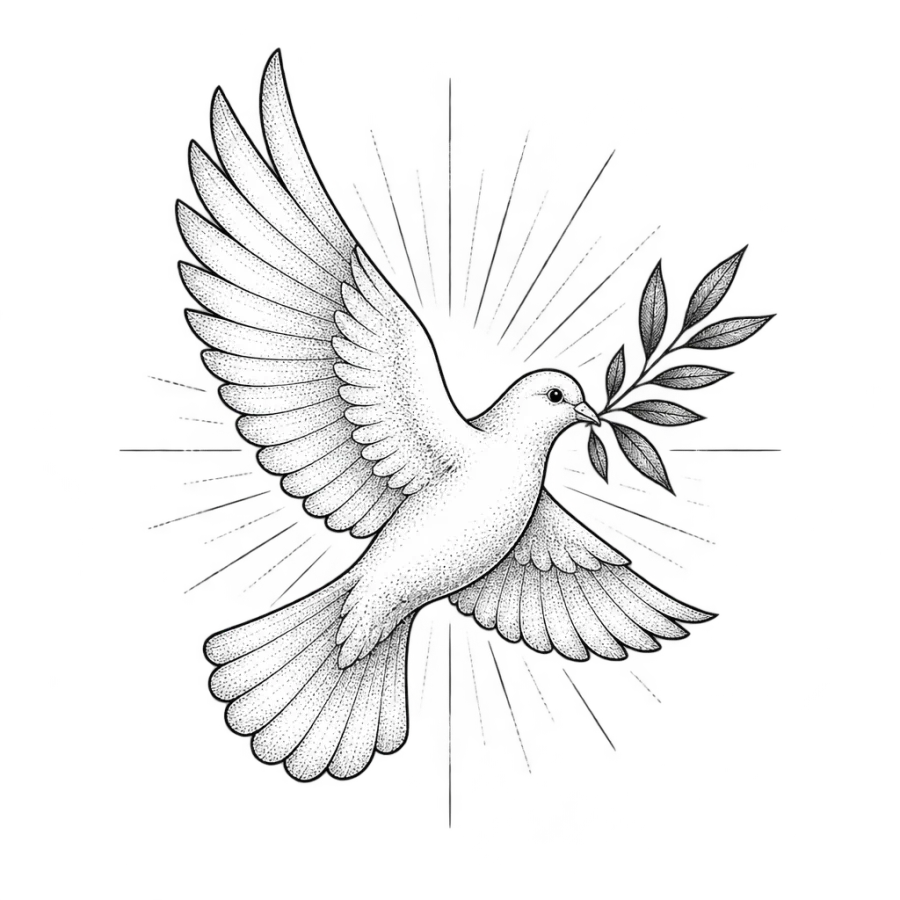 Fine line tattoo of a dove in flight carrying an olive branch