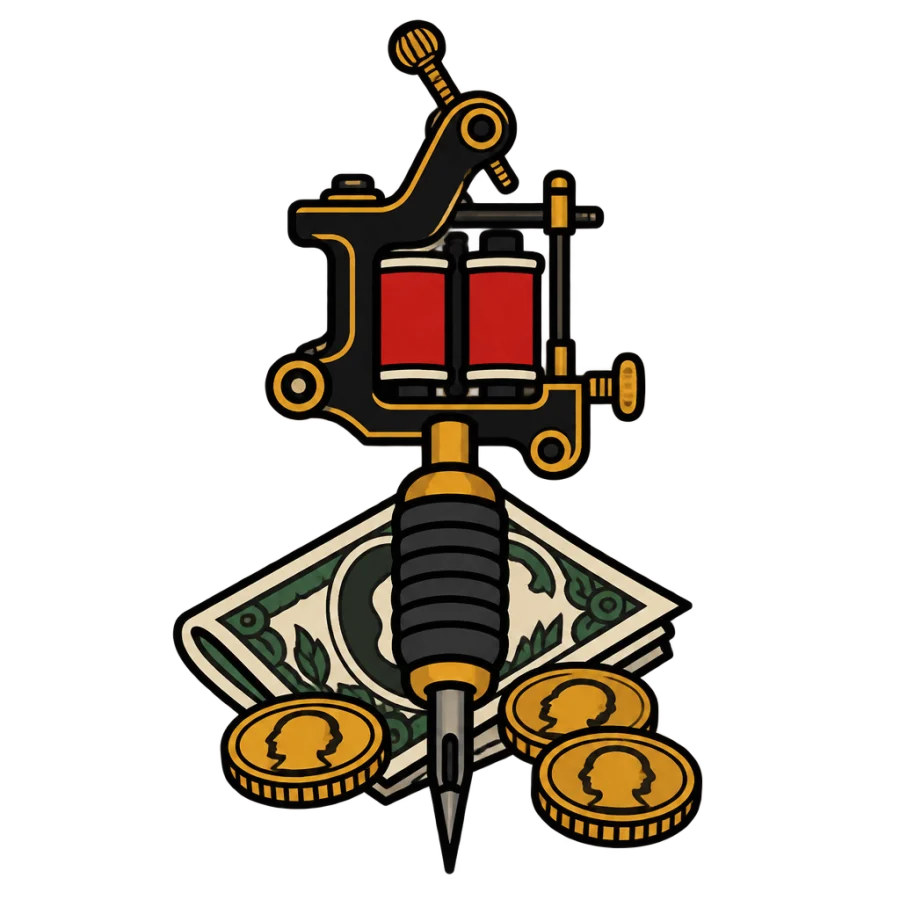 American traditional flash of a tattoo machine with a banknote and coins