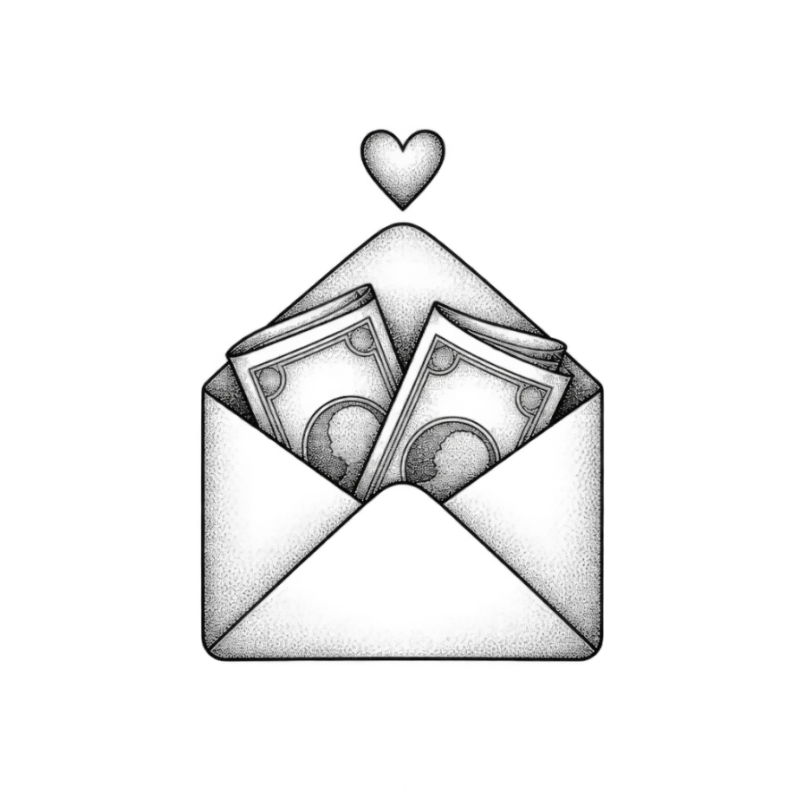 Fine line tattoo design of an envelope of banknotes with a heart