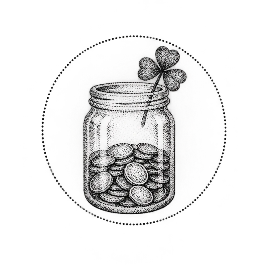 Dotwork tattoo design of a tip jar of coins with a clover sprig