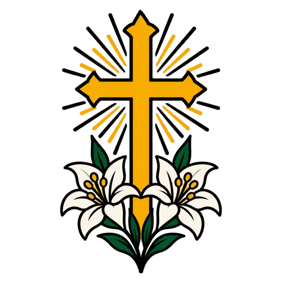 American traditional tattoo of a cross with radiating rays and lilies