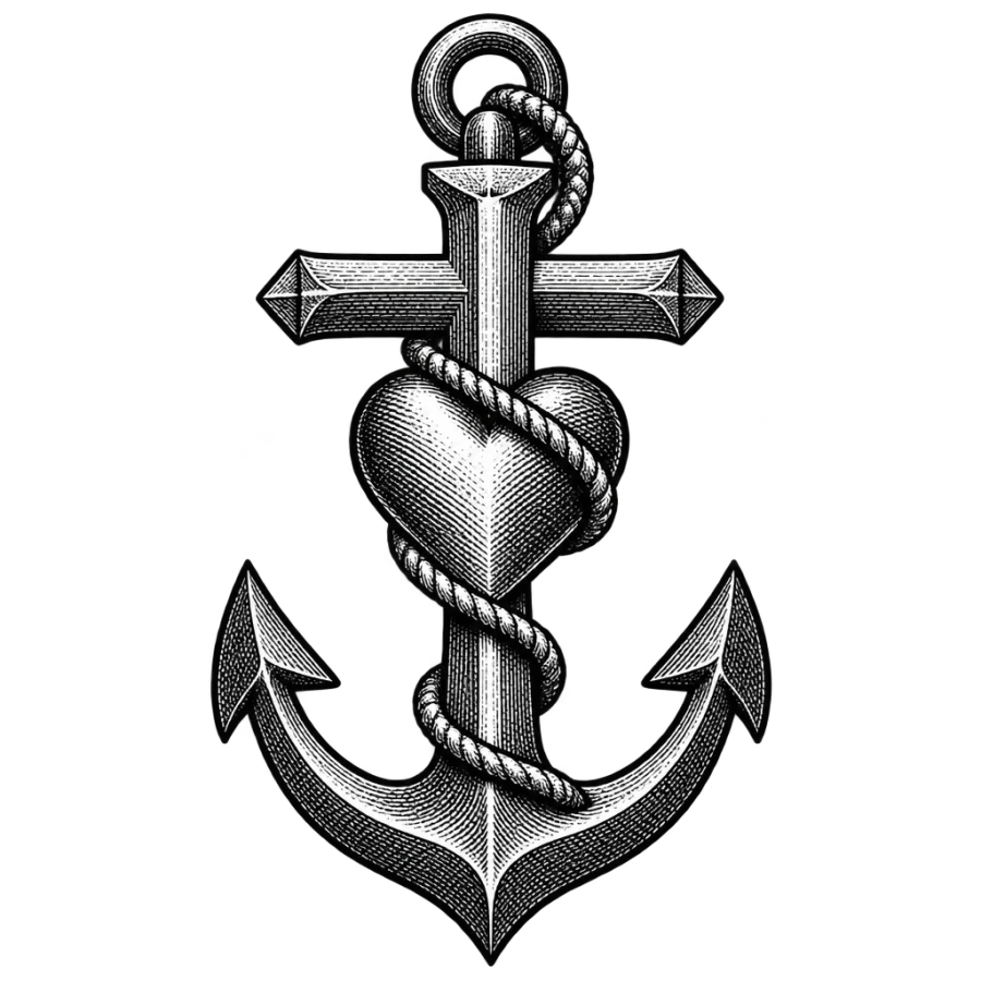 Engraved faith hope and love emblem tattoo design with hatched shading