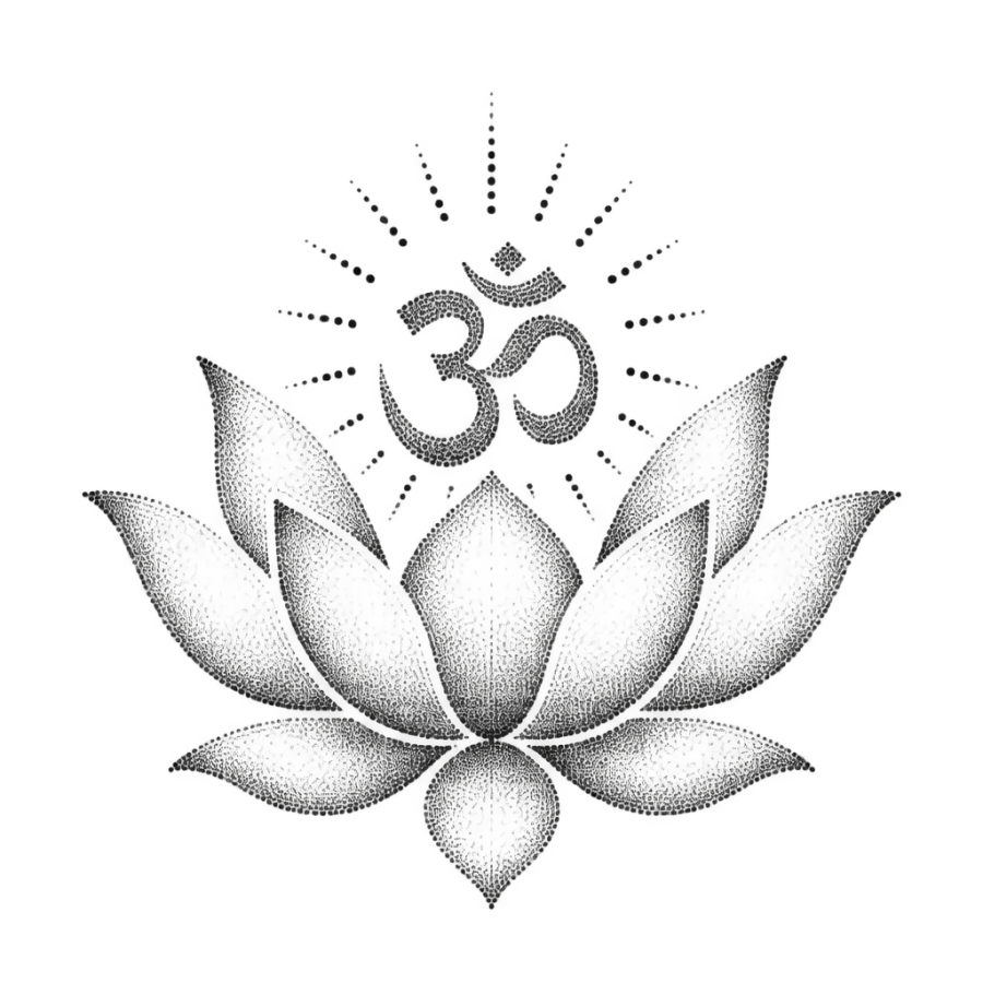 Dotwork stippled tattoo of a lotus flower holding an om symbol