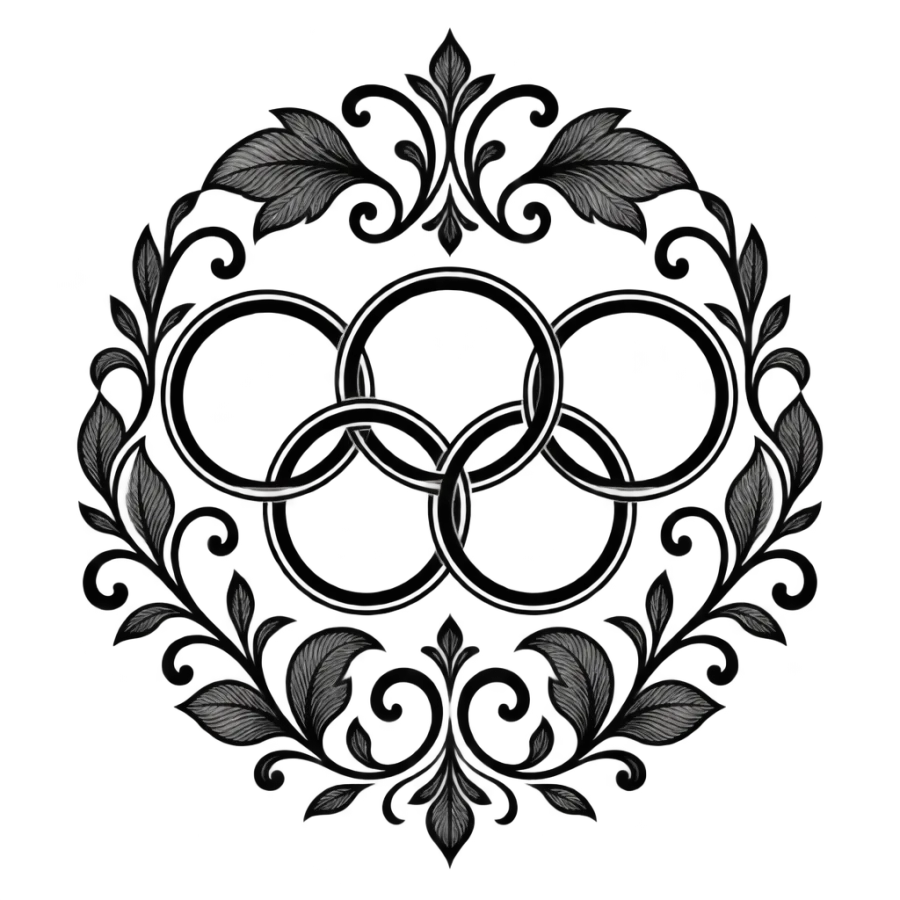 Ornamental filigree tattoo of five interlocking rings framed by vine scrollwork