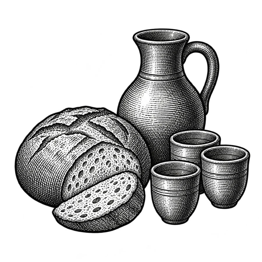 Engraved bread and jug tattoo design about sharing a family table