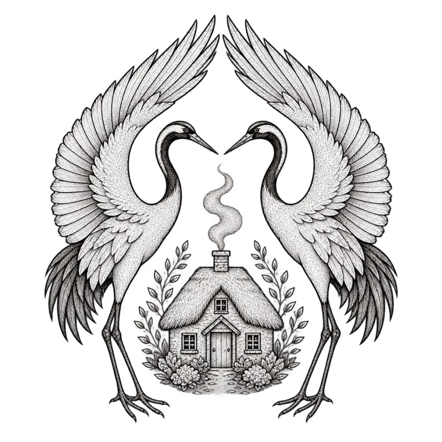 Fine line mirrored crane pair sheltering a cottage, family tattoo design