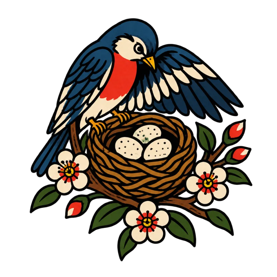 American traditional family tattoo of a parent bird sheltering a nest of eggs