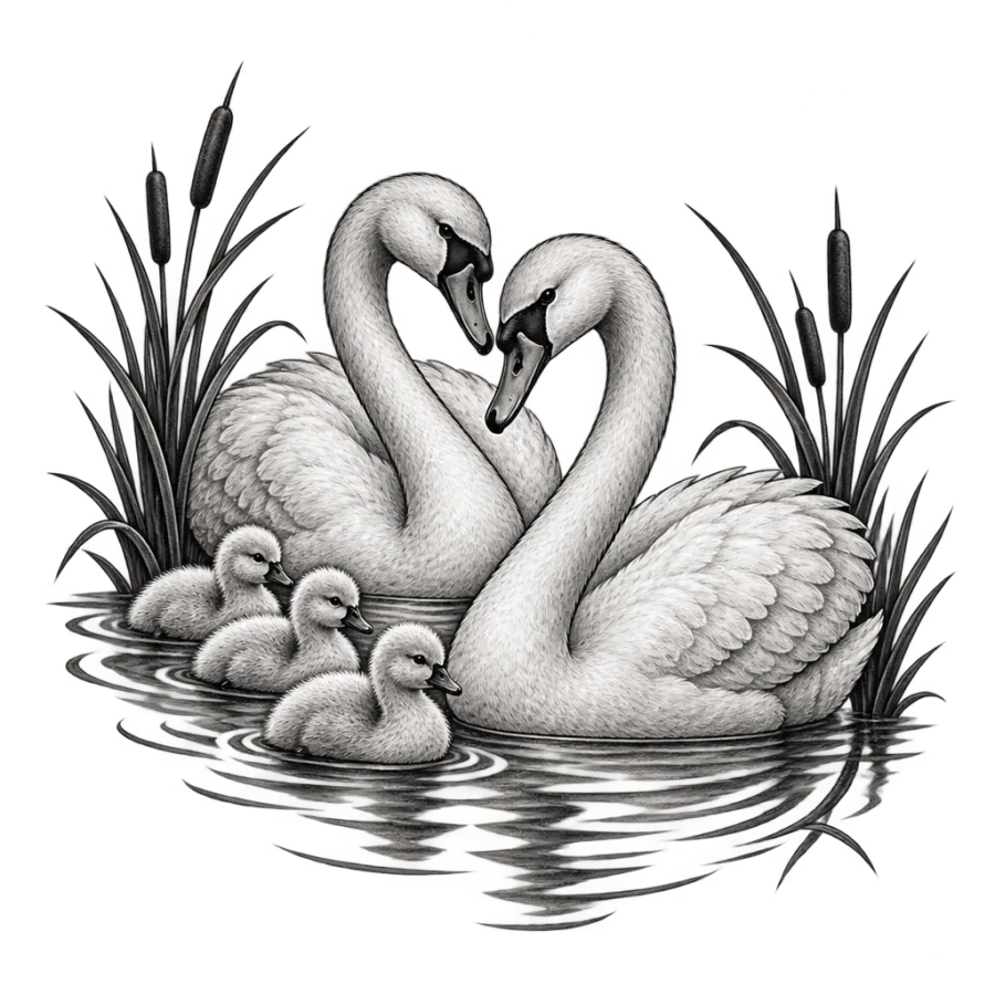 Black and grey realism family tattoo of two swans swimming with their cygnets