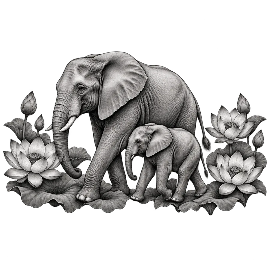 Black and grey realism tattoo of a mother elephant walking with her calf