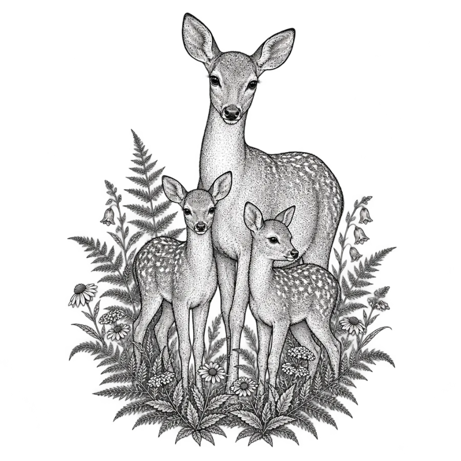 Fine line tattoo design of a doe with two fawns among ferns