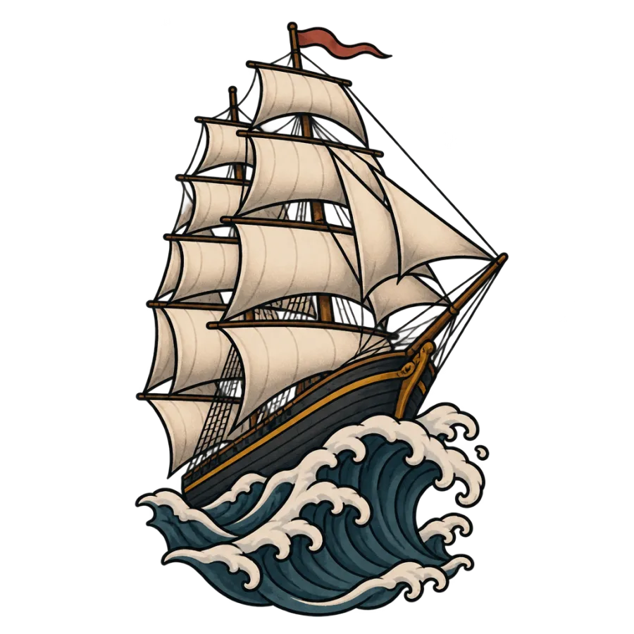 Neo traditional tattoo design of a tall ship under full sail on waves