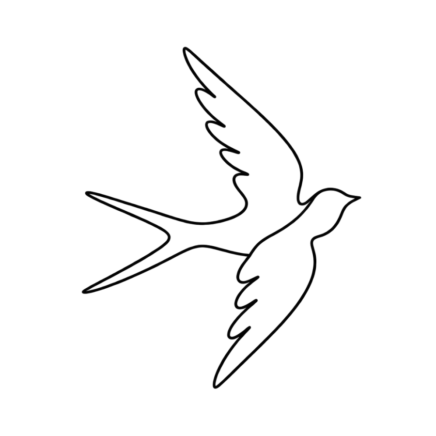 Single line minimalist tattoo of a swallow in mid flight with open wings