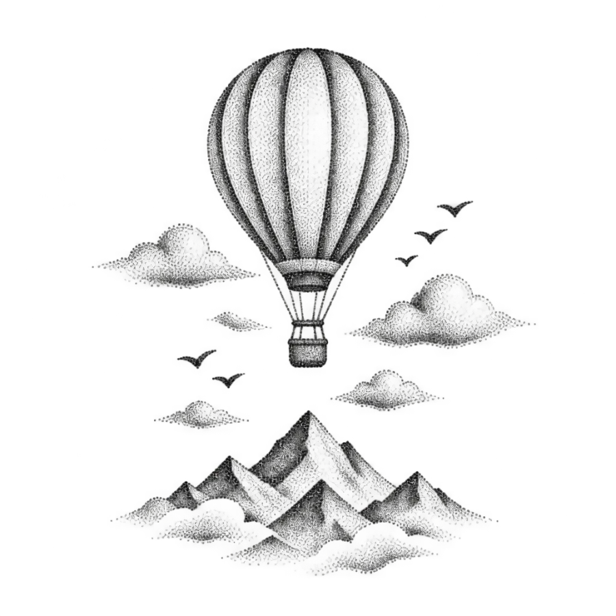 Dotwork freedom tattoo of a hot air balloon drifting above mountains and clouds