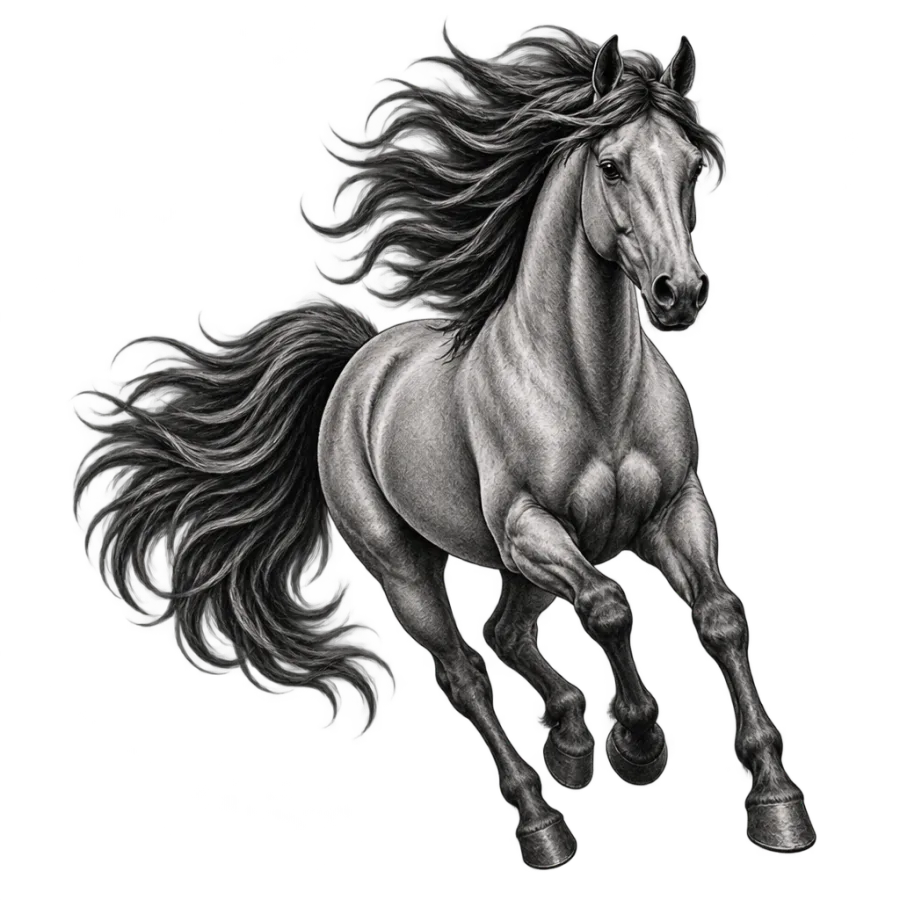 Black and grey realism tattoo of a wild horse galloping with flowing mane