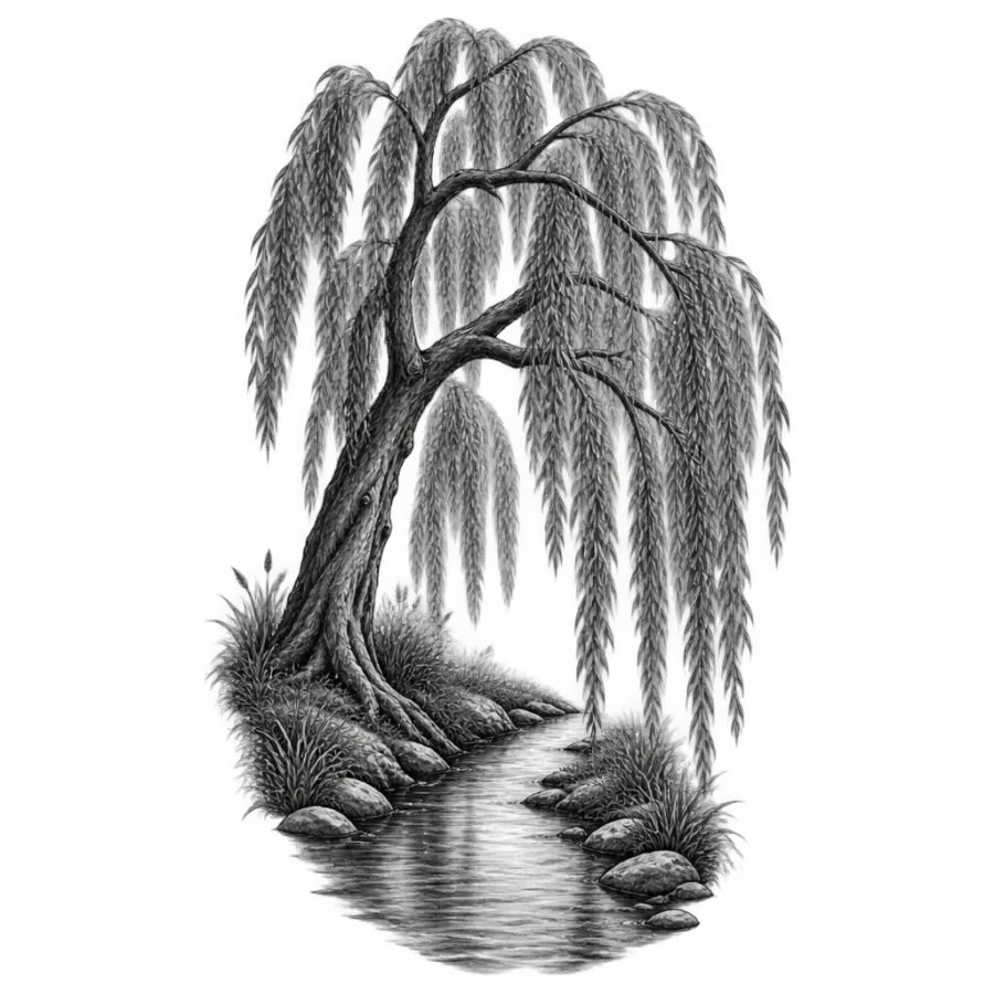 Black and grey realism healing tattoo of a willow tree over a stream
