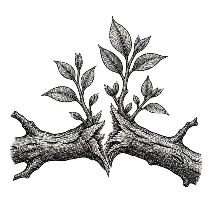 Engraved woodcut healing tattoo design of new shoots from a broken branch