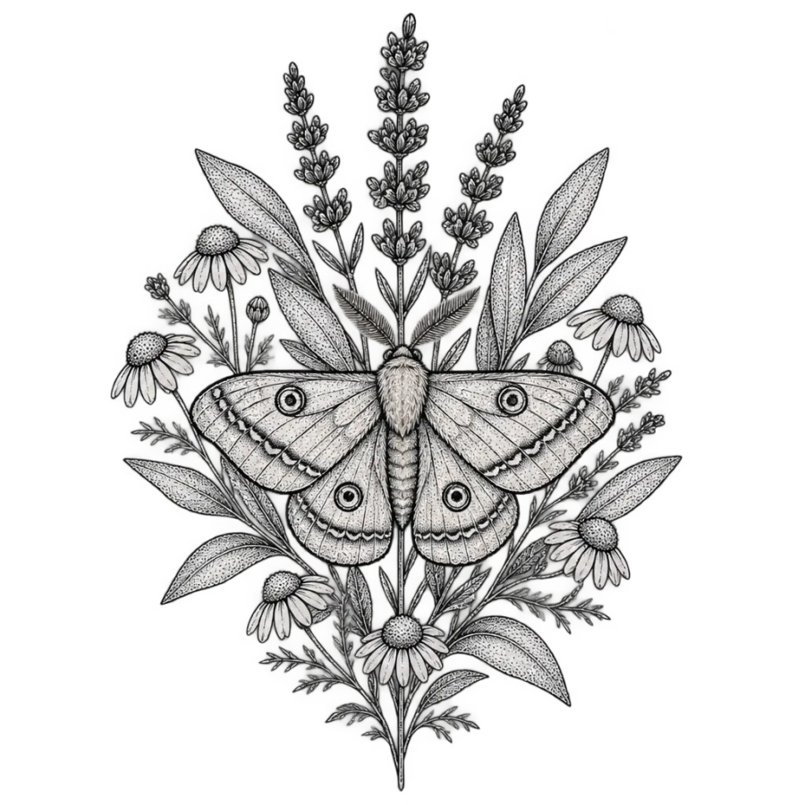 Fine line tattoo of a moth resting among lavender and healing herbs