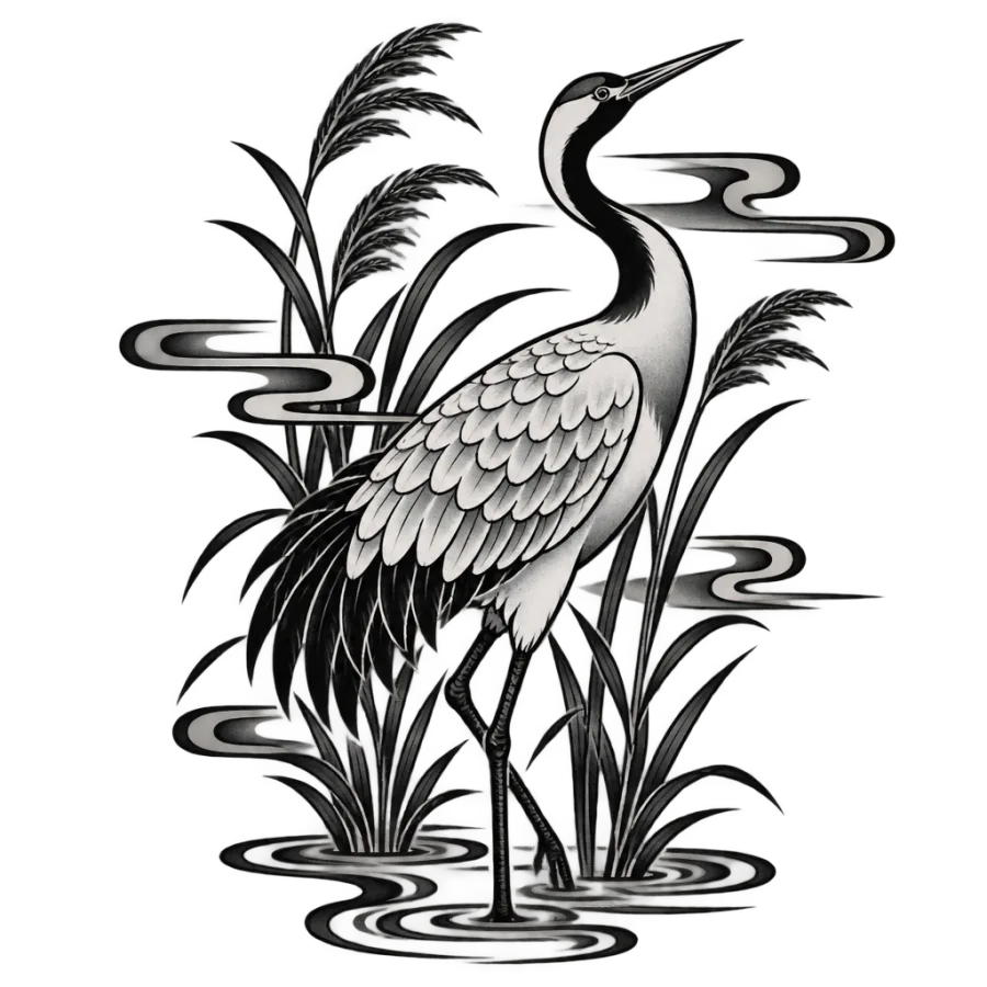 Japanese irezumi healing tattoo of a crane standing among tall reeds