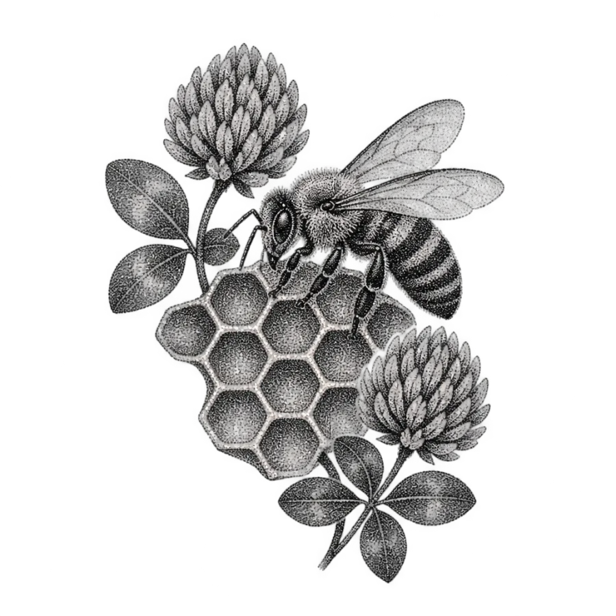 Dotwork healing tattoo of a honeybee on honeycomb with clover blossoms