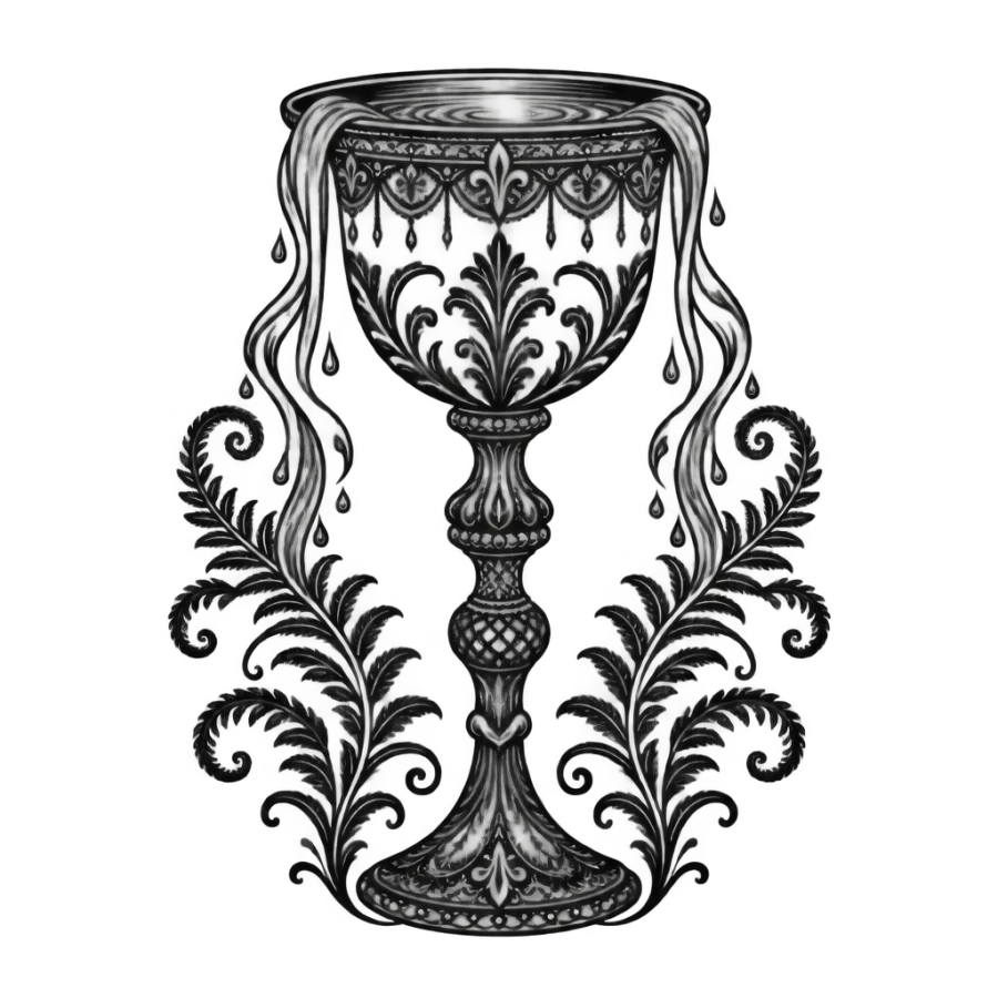 Ornamental filigree healing tattoo of a chalice overflowing into curling ferns