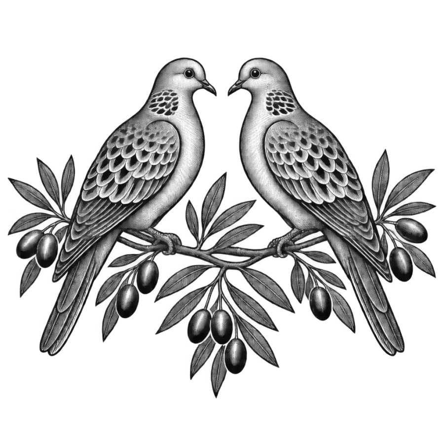 Engraved woodcut tattoo design of two turtle doves facing on an olive branch