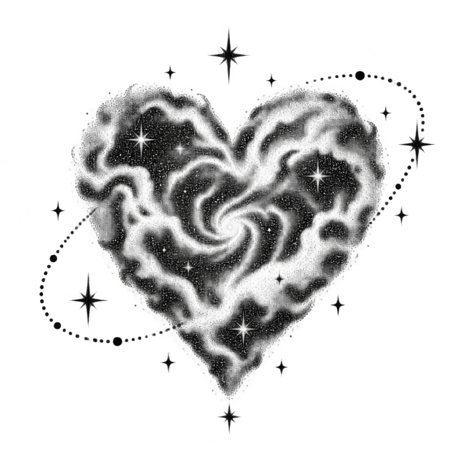 Dotwork stippled tattoo design of a heart shaped nebula with orbiting stars