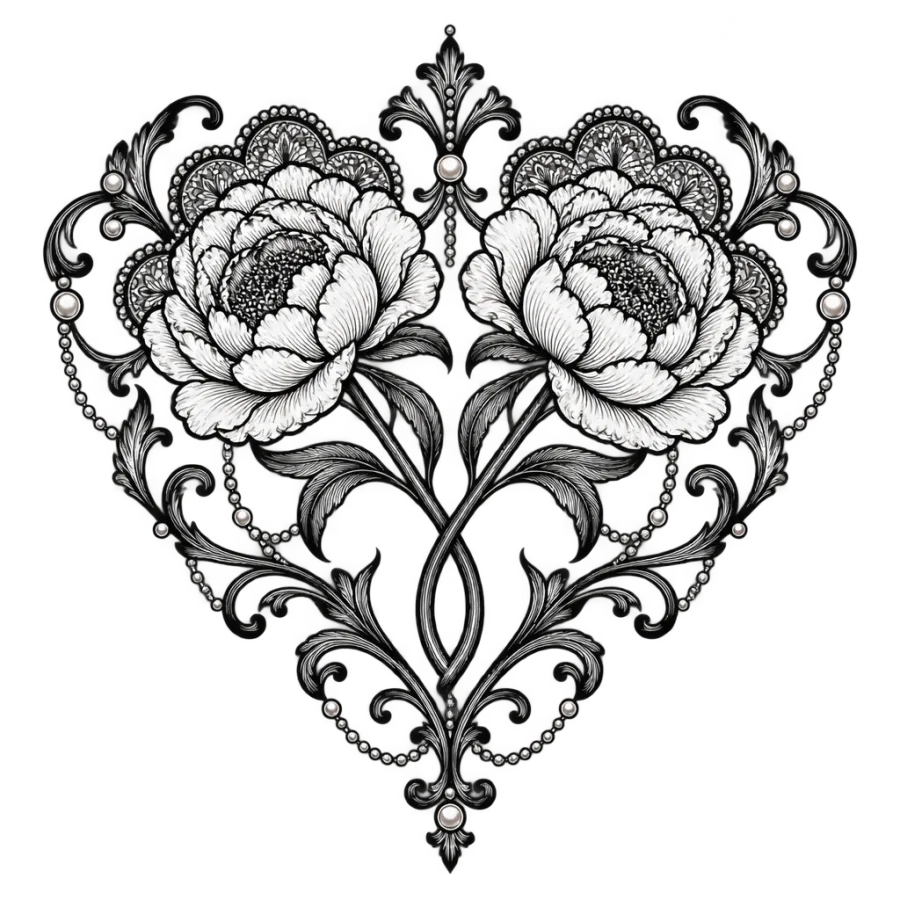 Ornamental lace love tattoo of two peonies with stems curving into a heart