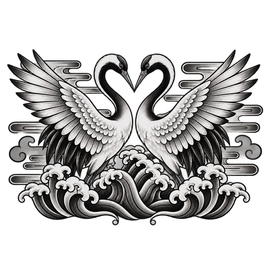 Japanese irezumi tattoo of two cranes whose necks curve into a heart