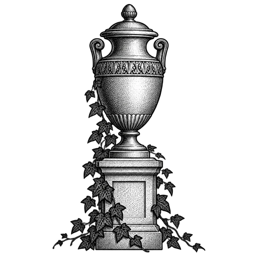 Engraved memorial tattoo design of an urn on a plinth with ivy