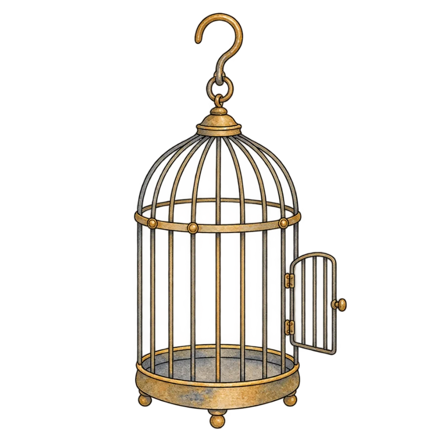 Watercolor memorial tattoo design of an empty birdcage with open door
