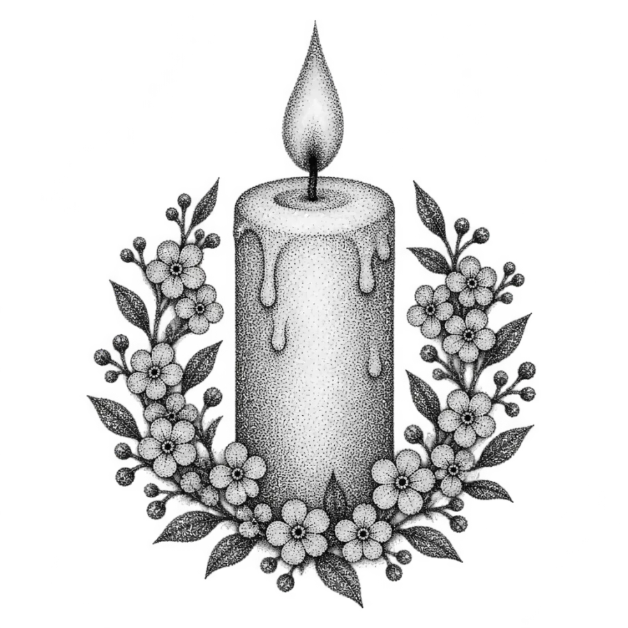 Dotwork memorial tattoo design of a lit candle wreathed in forget me not flowers