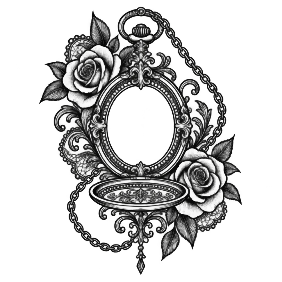 Ornamental filigree memorial tattoo of a pocket watch with a blank frame and roses
