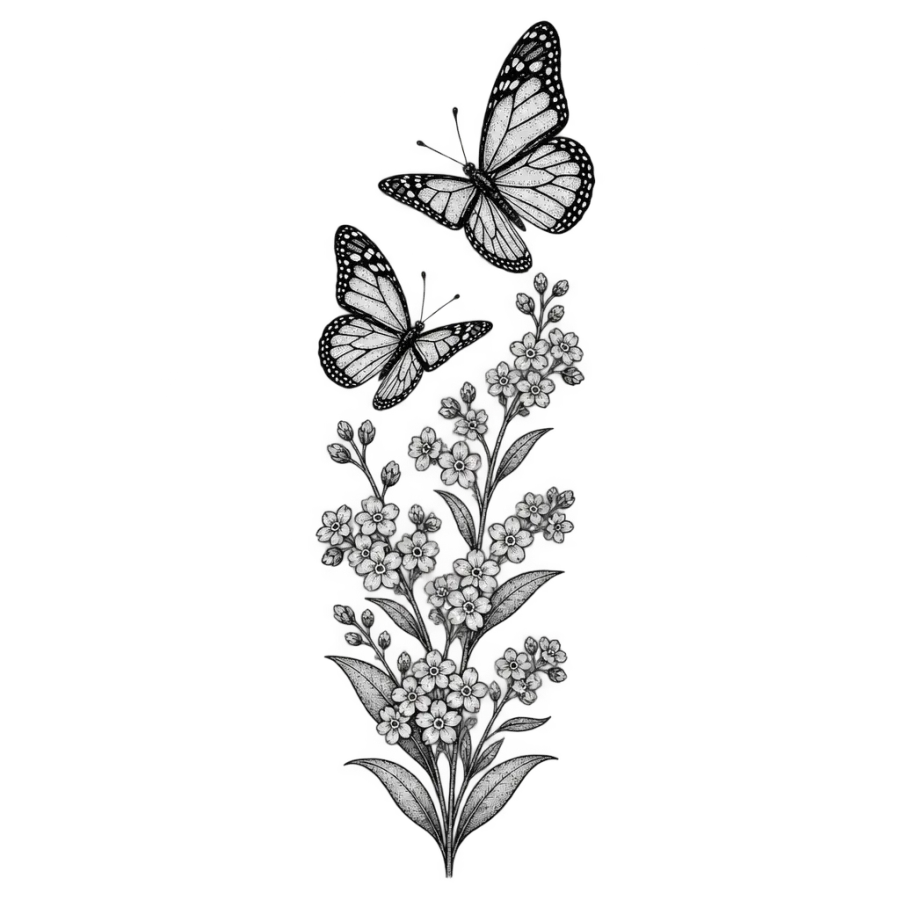 Fine line tattoo design of monarch butterflies rising above forget me nots