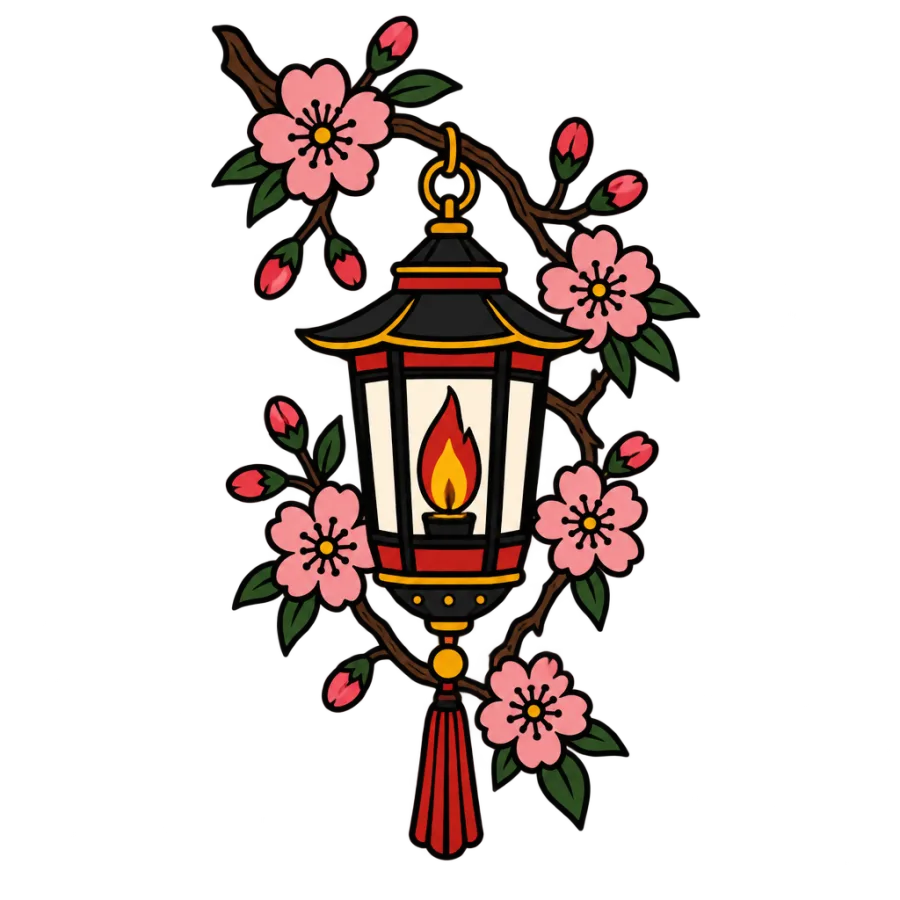 American traditional tattoo design of a lantern among cherry blossom branches