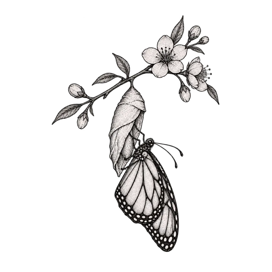 Fine line tattoo of a butterfly emerging from its chrysalis on a branch