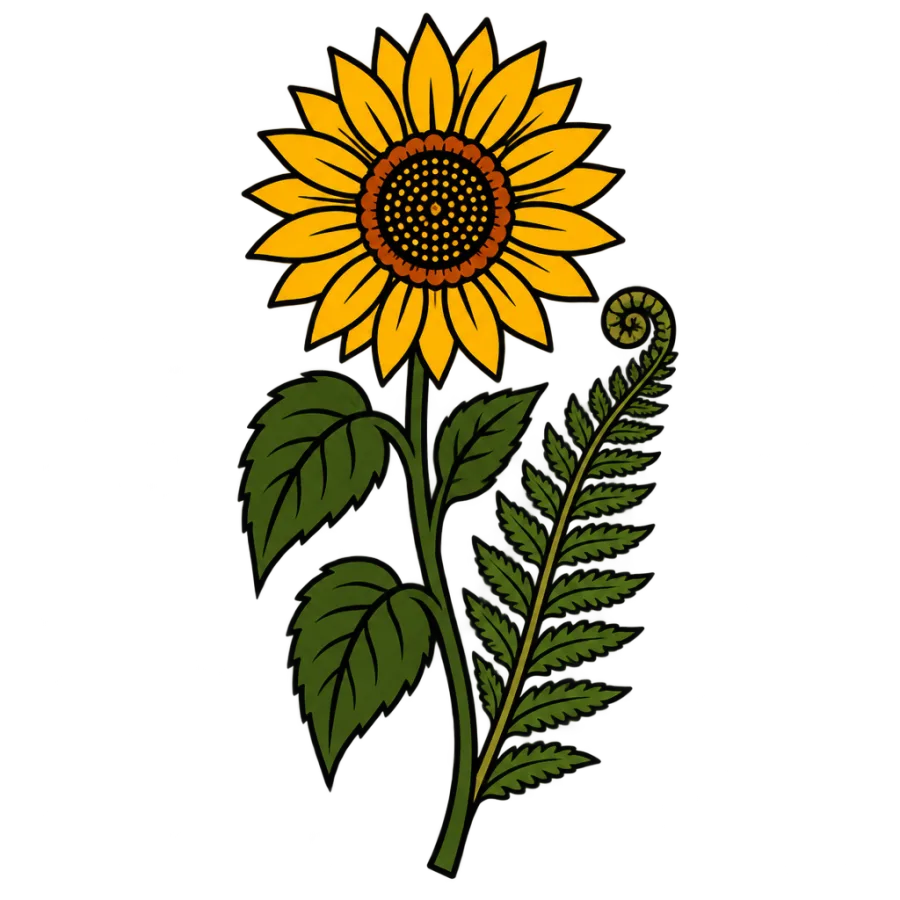 American traditional mental health tattoo of a sunflower beside an unfurling fern